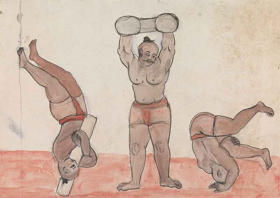 Painting of three jeyties [Indian pugilists] exercising, by Gangaram Chintaman Tambat, ca.1792. Paul Mellon Collection, Yale Center for British Art., Public domain, via Wikimedia Commons